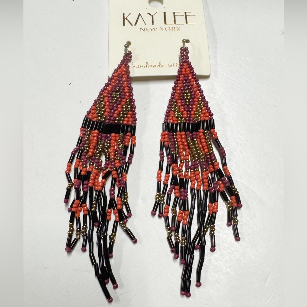 Kay Lee New York | Handmade Beaded Boho Fringe Earrings - Western Chic - NWT